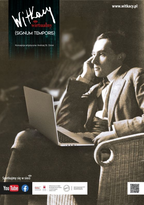 Plakat wydarzenia "Witkacy wirtualny (Signum temporis)" - Witkacy siedzi w fotelu, podpierając głowę prawą ręką, na kolanach ma otwartego laptopa