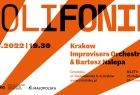 Pomarańczowo-biała grafika z dużym napisem: Polifonie. Niżej napis: 19.11.2022, godzina 19:30, Krakow Improvisers Orchestra